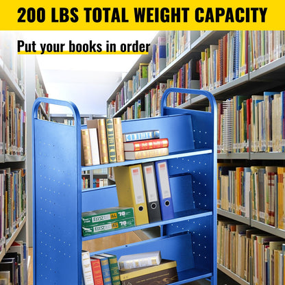 Blue Steel Library Cart with Double-Sided W-Shaped Shelves, 90 kg Capacity