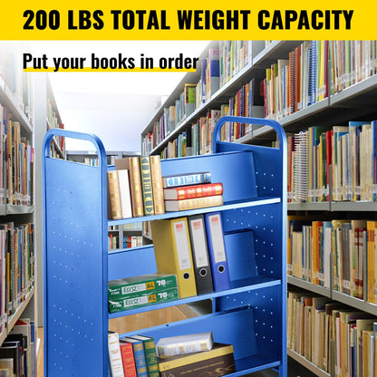 VEVOR Book Cart Library Cart 90kg with Double Sided W-Shaped Sloped Shelves Blue