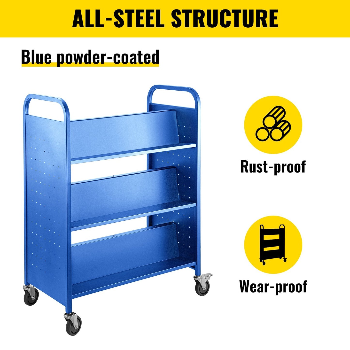 Blue Steel Library Cart with Double-Sided W-Shaped Shelves, 90 kg Capacity