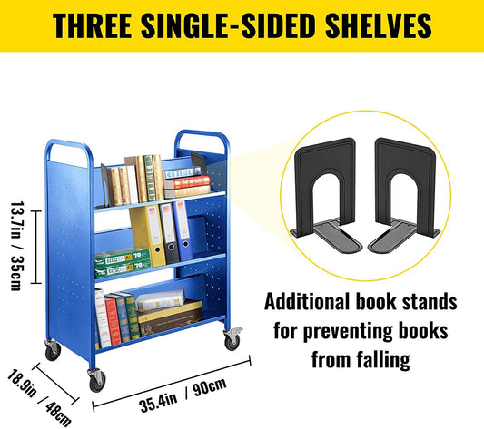 Blue Steel Library Cart with Double-Sided W-Shaped Shelves, 90 kg Capacity