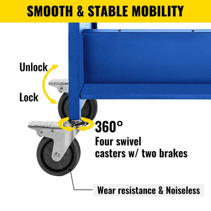 Blue Steel Library Cart with Double-Sided W-Shaped Shelves, 90 kg Capacity
