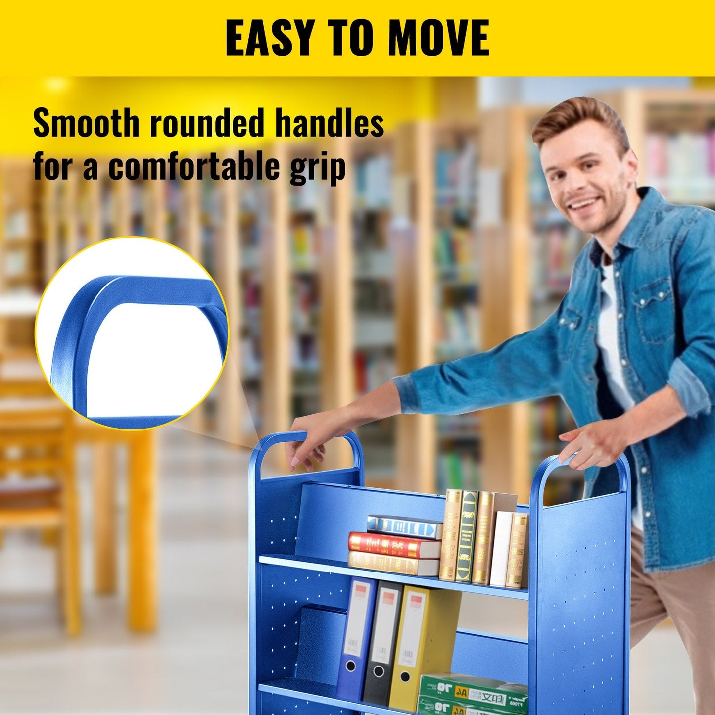 Blue Steel Library Cart with Double-Sided W-Shaped Shelves, 90 kg Capacity