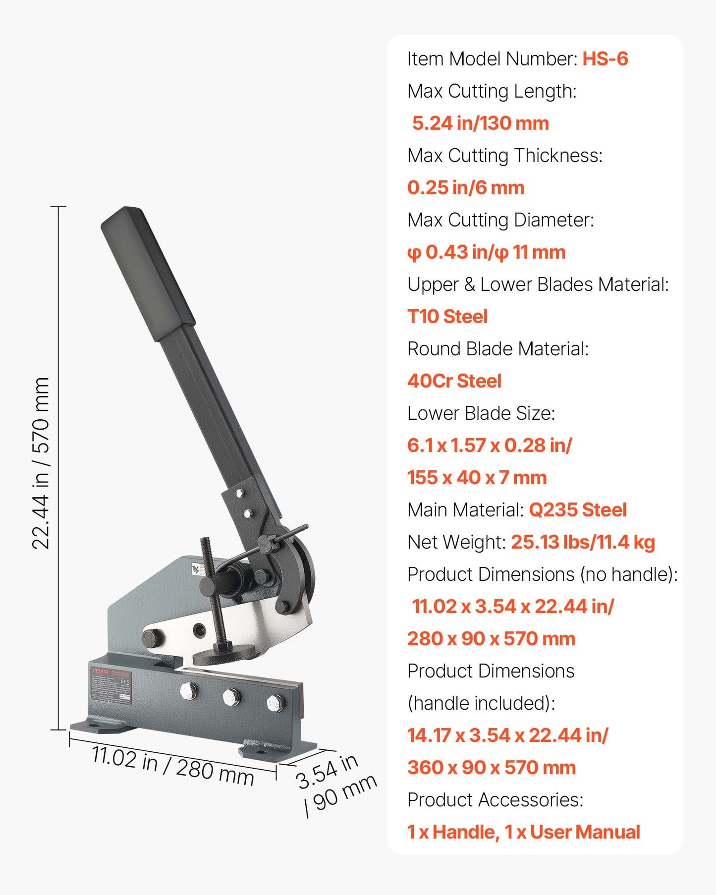 Sheet Metal Shear, 155 mm Manual Hand Plate Shear, Heavy Duty Mounting Type Sheet Cutter with Solid Steel Frame, High Precision, Extended Handle for Cutting Steel, Copper, Rebar, and Aluminum