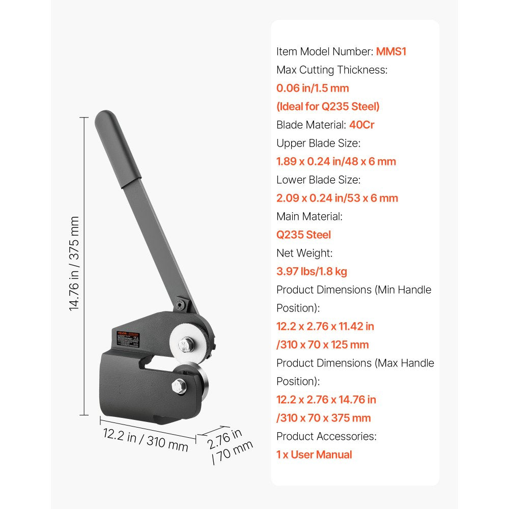 Sheet Metal Shear, Throatless Rotary Hand Shear, 16 Gauge Mild Steel Sheet Cutter with 1.5 mm Capacity, with Solid Const