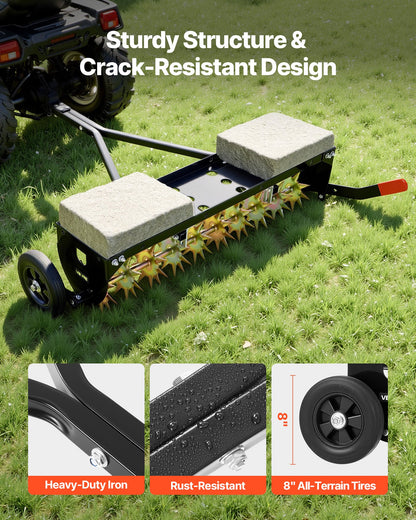 Tow Behind Plug Aerator, 1000mm Lawn Spike Aerator with Universal Hitch, 150lbs Weight Capacity, Heavy Duty  & Rust-Resistant, Pull Behind Aeration Tool with Tray for Farmland & Garden Tractors