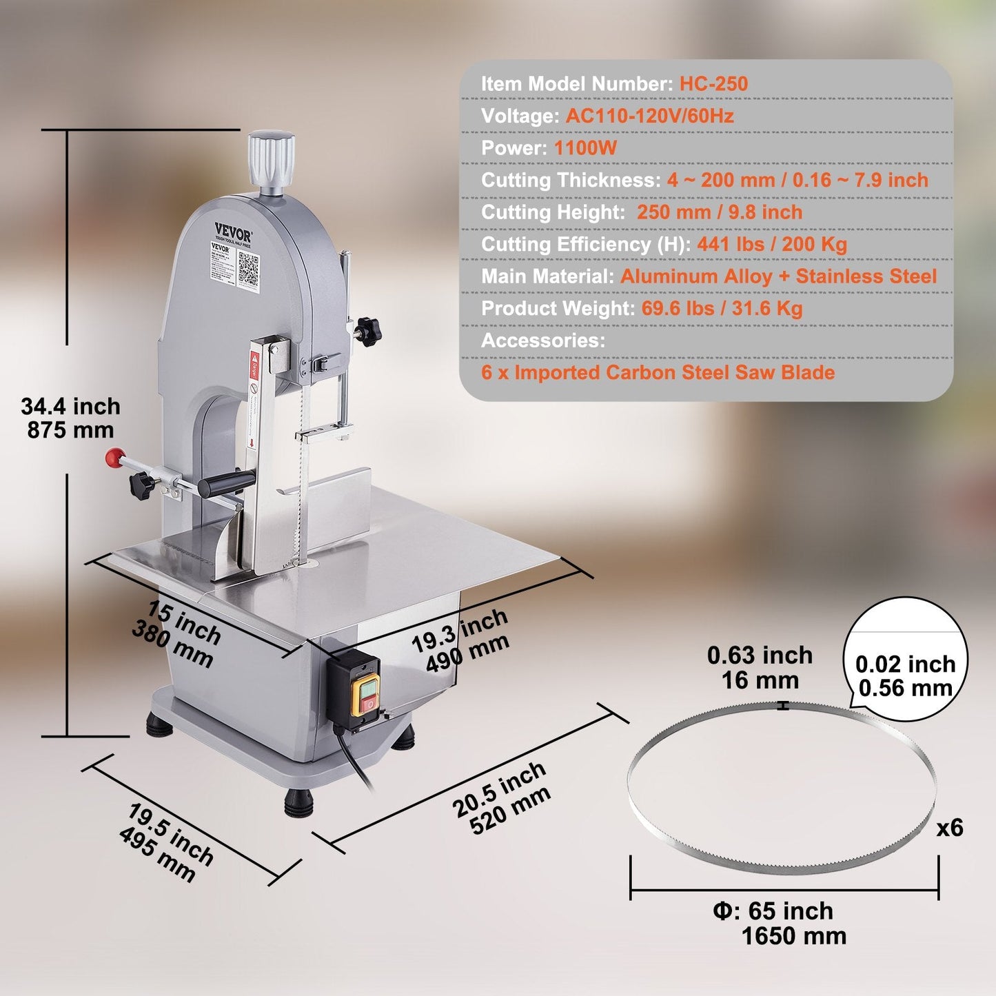 1100W Electric Meat Bandsaw, Stainless Steel, 0.4-20cm Cutting Thickness, 6 Blades