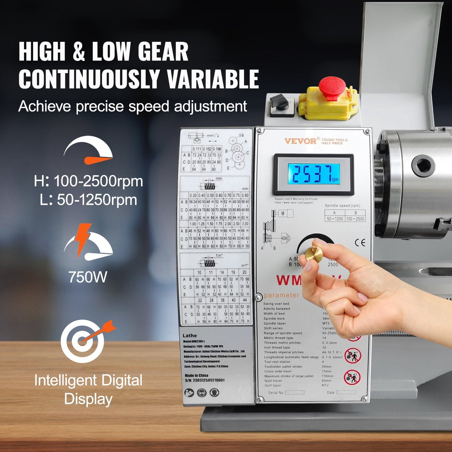 Precision Benchtop Metal Lathe, 0.21 m x 0.74 m, 750W, 50-2500 RPM Speed Control