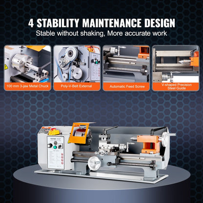 Precision Benchtop Metal Lathe, 0.18m x 0.35m, 500W, 0-2200 RPM Variable Speed