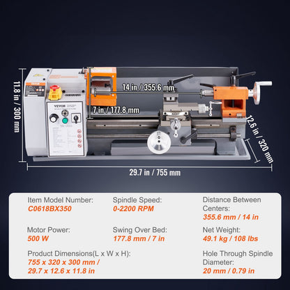 Precision Benchtop Metal Lathe, 0.18m x 0.35m, 500W, 0-2200 RPM Variable Speed
