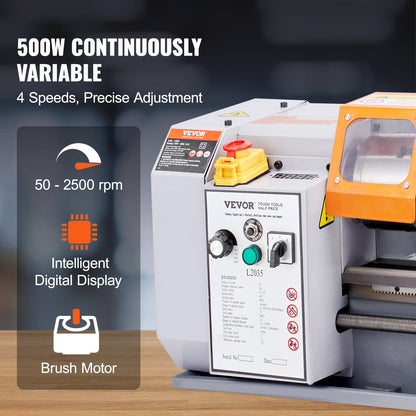Precision Metal Lathe, 0.2 m x 0.35 m, 600W, Variable Speed 50-2500 RPM