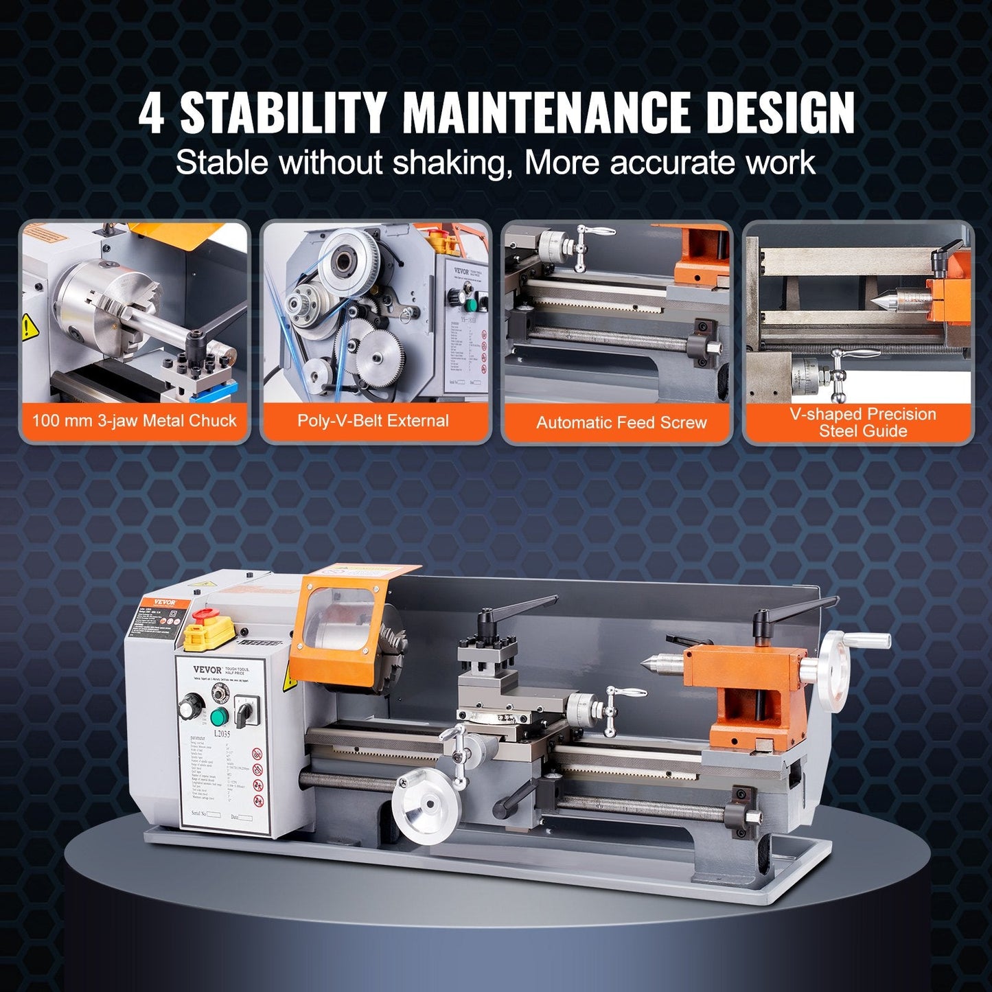 Precision Metal Lathe, 0.2 m x 0.35 m, 600W, Variable Speed 50-2500 RPM