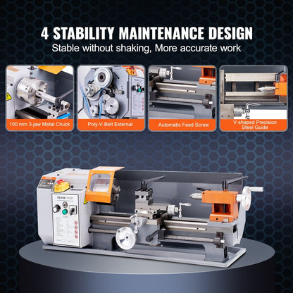 Precision Metal Lathe, 0.2 m x 0.35 m, 600W, Variable Speed 50-2500 RPM