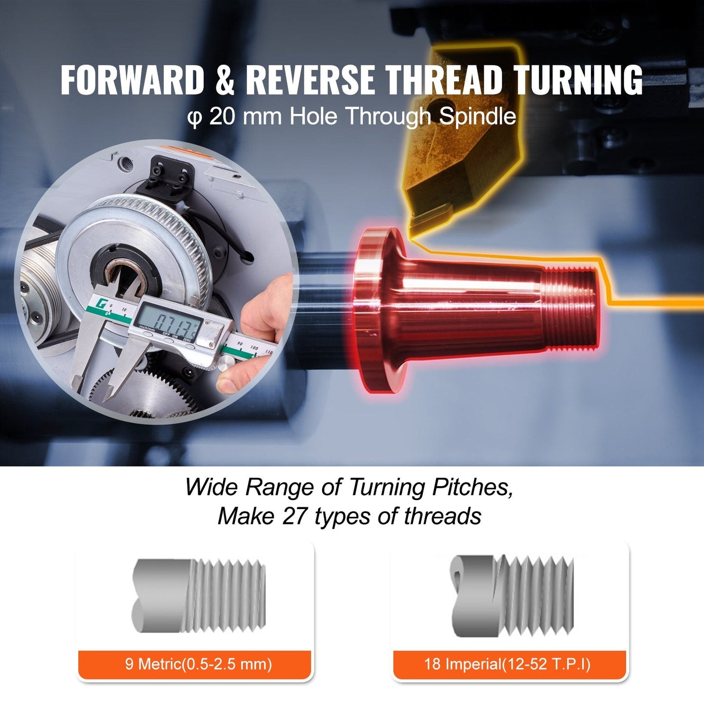 Precision Metal Lathe, 0.2 m x 0.35 m, 600W, Variable Speed 50-2500 RPM