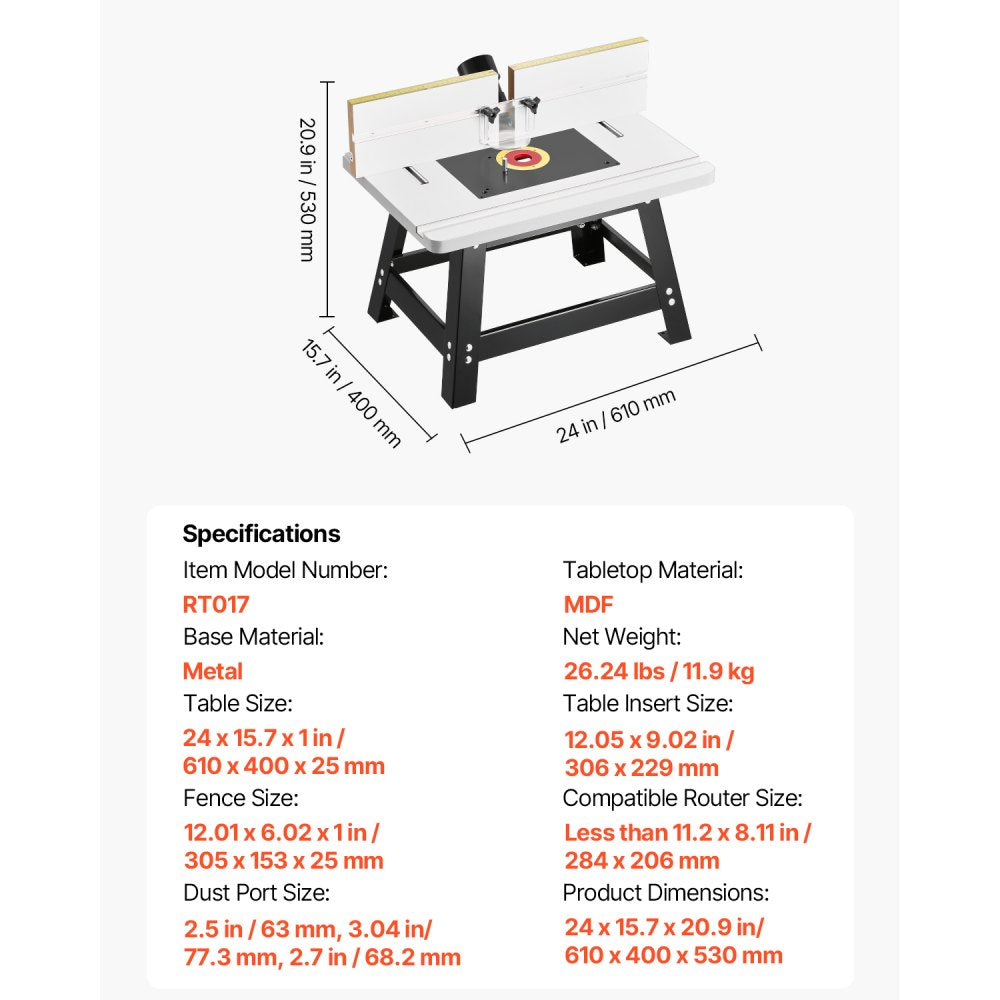VEVOR Benchtop Router Table 610x400 mm with Fence MDF Top Dust Collection Port