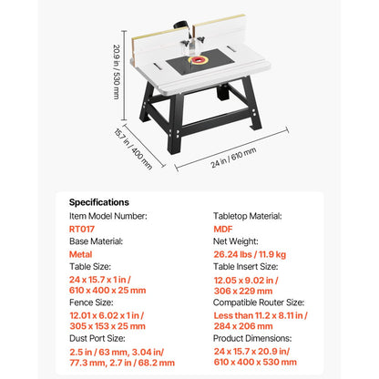 VEVOR Benchtop Router Table 610x400 mm with Fence MDF Top Dust Collection Port