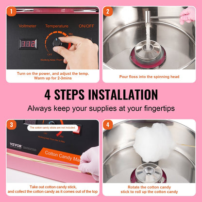 Electric 1000W Commercial Candy Floss Maker with Stainless Steel Bowl - Pink