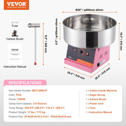 Electric 1000W Commercial Candy Floss Maker with Stainless Steel Bowl - Pink