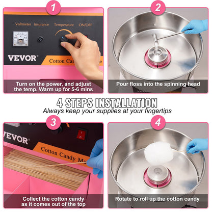 Commercial Pink Cotton Candy Maker, 1000W, High Yield, Easy Operation
