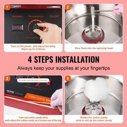 Electric Candy Floss Maker, 1000W, Stainless Steel Bowl, Red, 7.73 kg