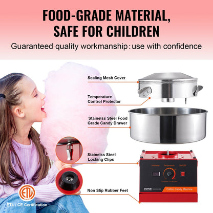 Electric Cotton Candy Maker, 1000W with Stainless Steel Bowl, Red