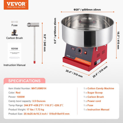 Electric Cotton Candy Maker, 1000W with Stainless Steel Bowl, Red