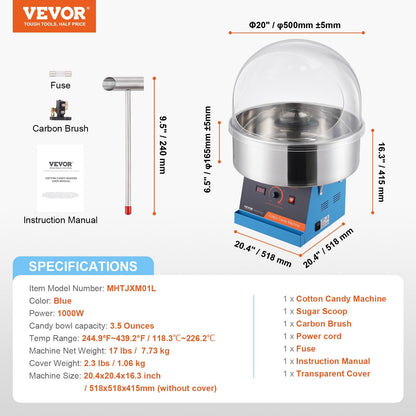 Electric Cotton Candy Maker, 1000W, Stainless Steel, Blue, for Parties & Events