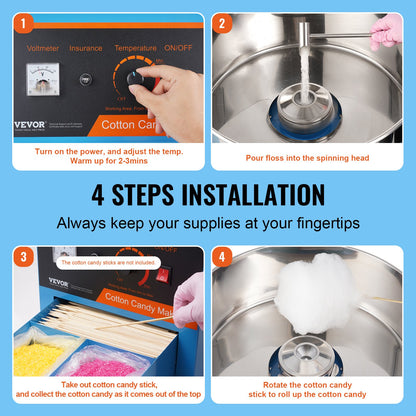 VEVOR Electric Cotton Candy Machine, 1000W Candy Floss Maker, Commercial Cotton