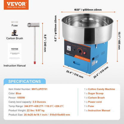 Electric Candy Floss Maker, 1000W, Commercial Grade, Stainless Steel, Blue