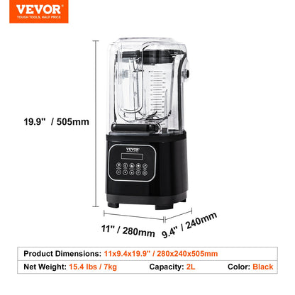 VEVOR Professional Blender with Shield, Commercial Countertop Blenders, 2L Jar Blender