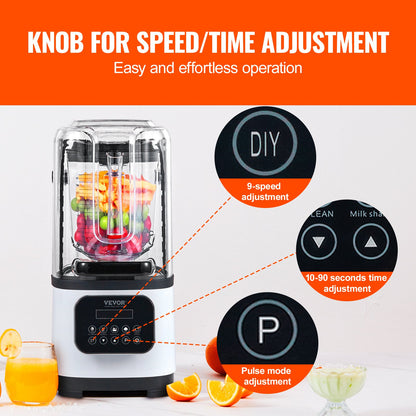 VEVOR Professional Blender with Shield, Commercial Countertop Blenders, 2L Jar Blender