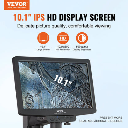 VEVOR Digital Microscope, 10.1” IPS Screen, 10X-1300X Magnification, 1080P Photo/Video