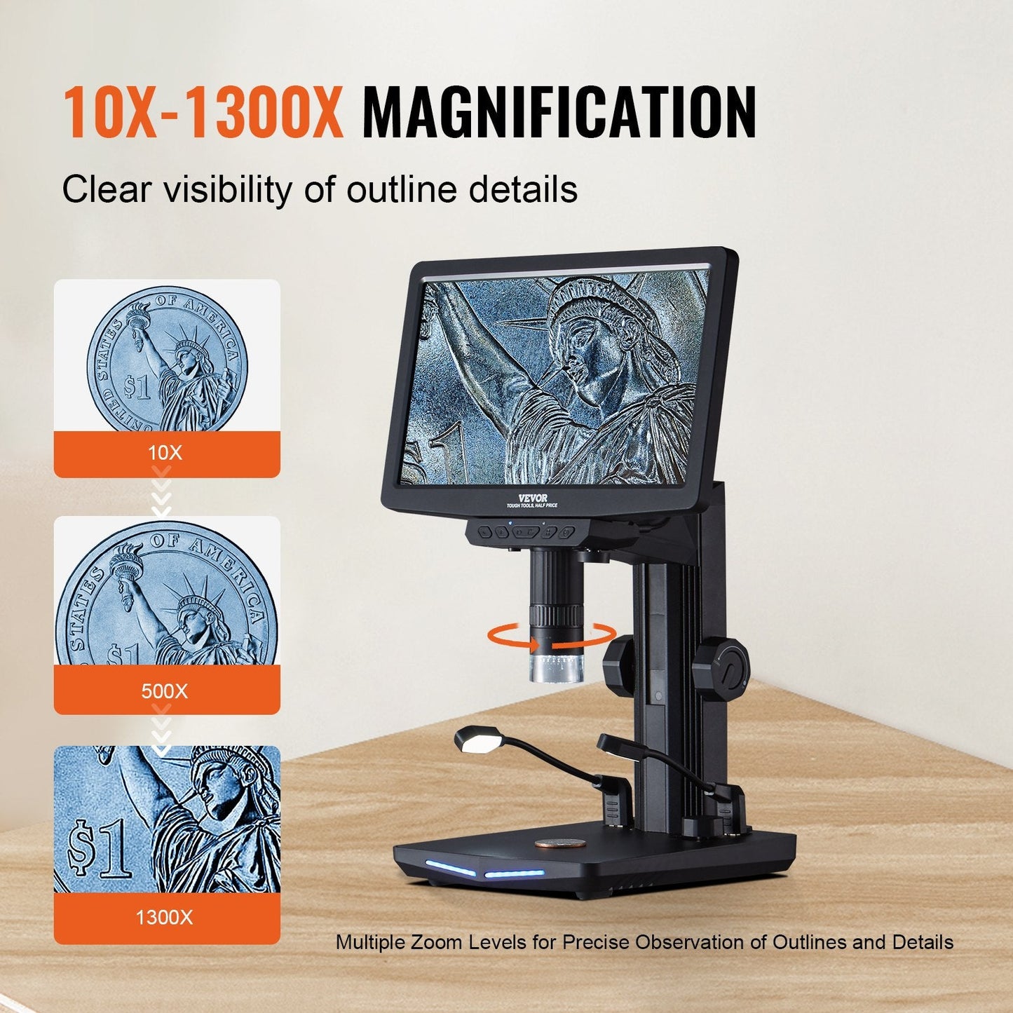 10.1m IPS Digital Microscope, 10X-1300X, 1080P, 0-9.7cm Observable Height Range