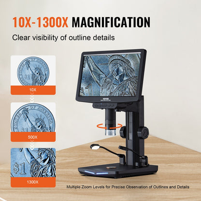 VEVOR Digital Microscope, 10.1” IPS Screen, 10X-1300X Magnification, 1080P Photo/Video