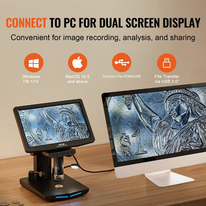10.1m IPS Digital Microscope, 10X-1300X, 1080P, 0-9.7cm Observable Height Range