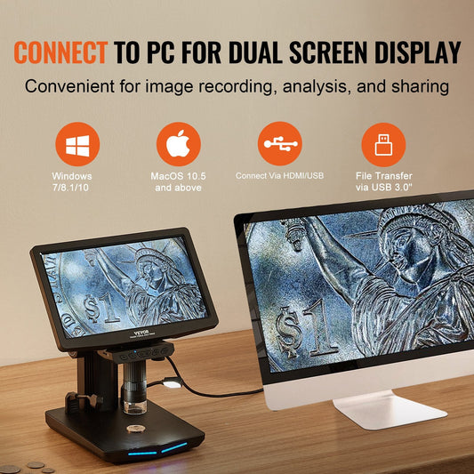 10.1m IPS Digital Microscope, 10X-1300X, 1080P, 0-9.7cm Observable Height Range