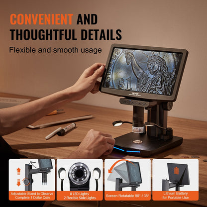 10.1m IPS Digital Microscope, 10X-1300X, 1080P, 0-9.7cm Observable Height Range