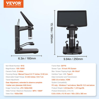 VEVOR Digital Microscope, 10.1” IPS Screen, 10X-1300X Magnification, 1080P Photo/Video