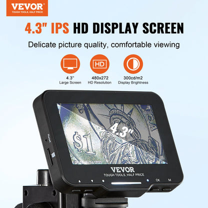 VEVOR Digital Microscope, 4.3” IPS Screen, 50X-1000X Magnification, 1080P Photo/Video