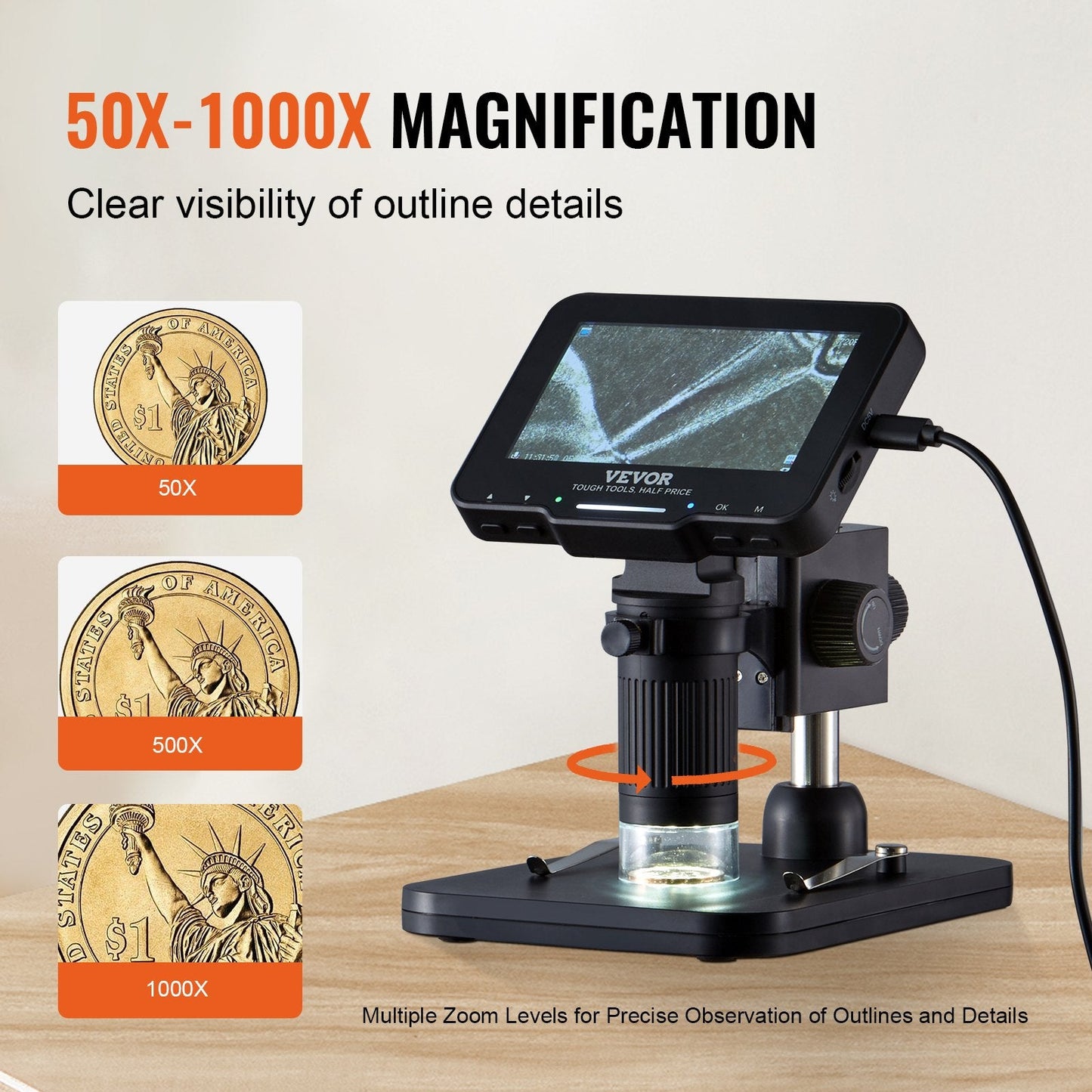 Digital Microscope with 4.3m Screen, 50X-1000X Zoom, 1080P Video, 0.44kg Weight
