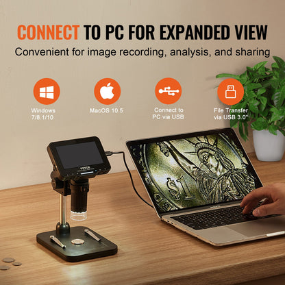VEVOR Digital Microscope, 4.3” IPS Screen, 50X-1000X Magnification, 1080P Photo/Video