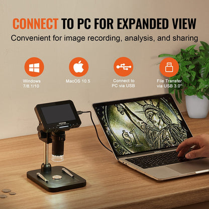 Digital Microscope with 4.3m Screen, 50X-1000X Zoom, 1080P Video, 0.44kg Weight