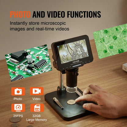 VEVOR Digital Microscope, 4.3” IPS Screen, 50X-1000X Magnification, 1080P Photo/Video