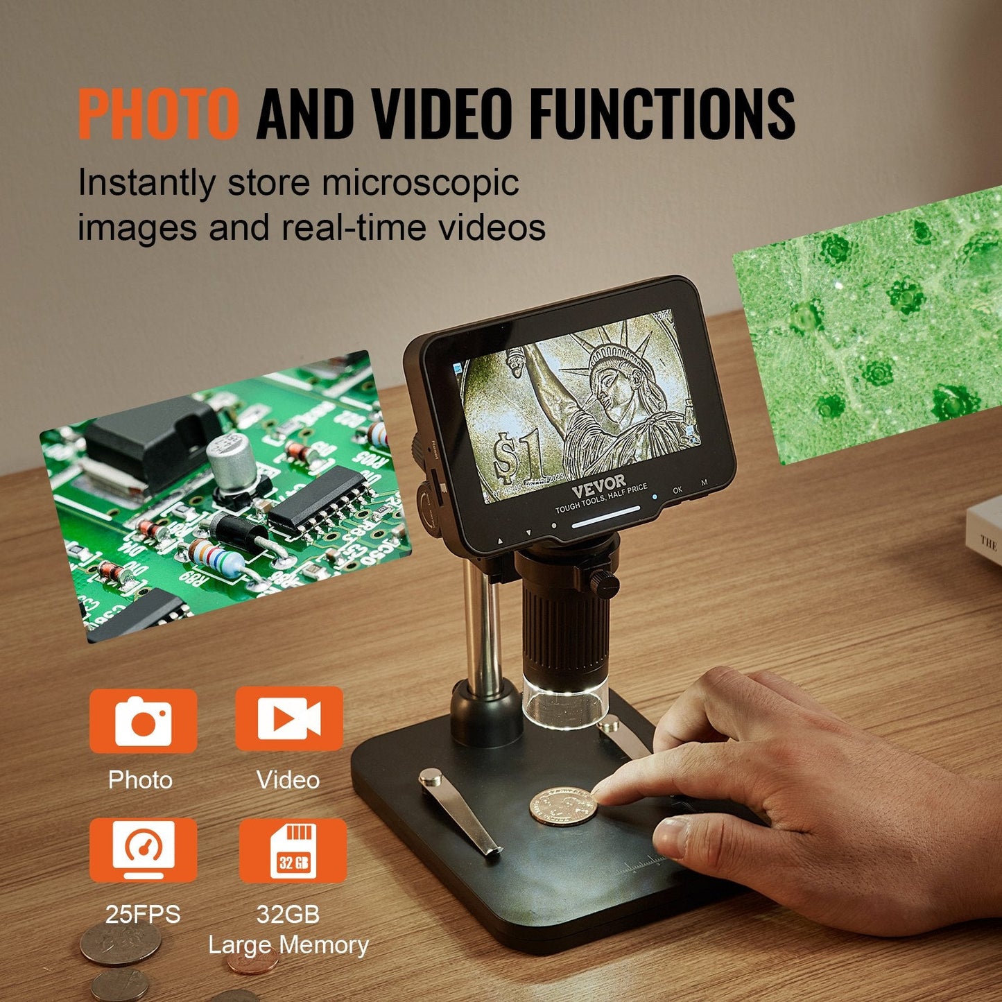 Digital Microscope with 4.3m Screen, 50X-1000X Zoom, 1080P Video, 0.44kg Weight