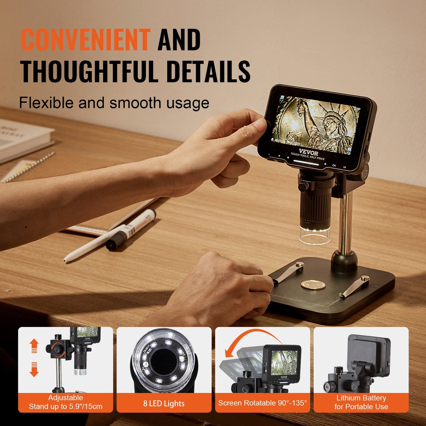 VEVOR Digital Microscope, 4.3” IPS Screen, 50X-1000X Magnification, 1080P Photo/Video