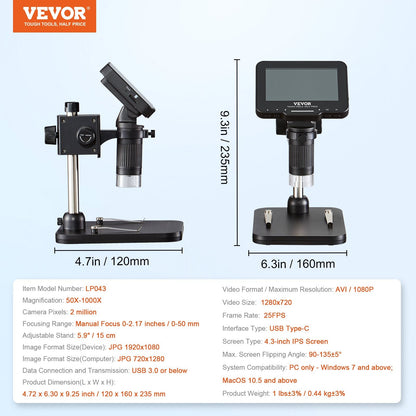 Digital Microscope with 4.3m Screen, 50X-1000X Zoom, 1080P Video, 0.44kg Weight
