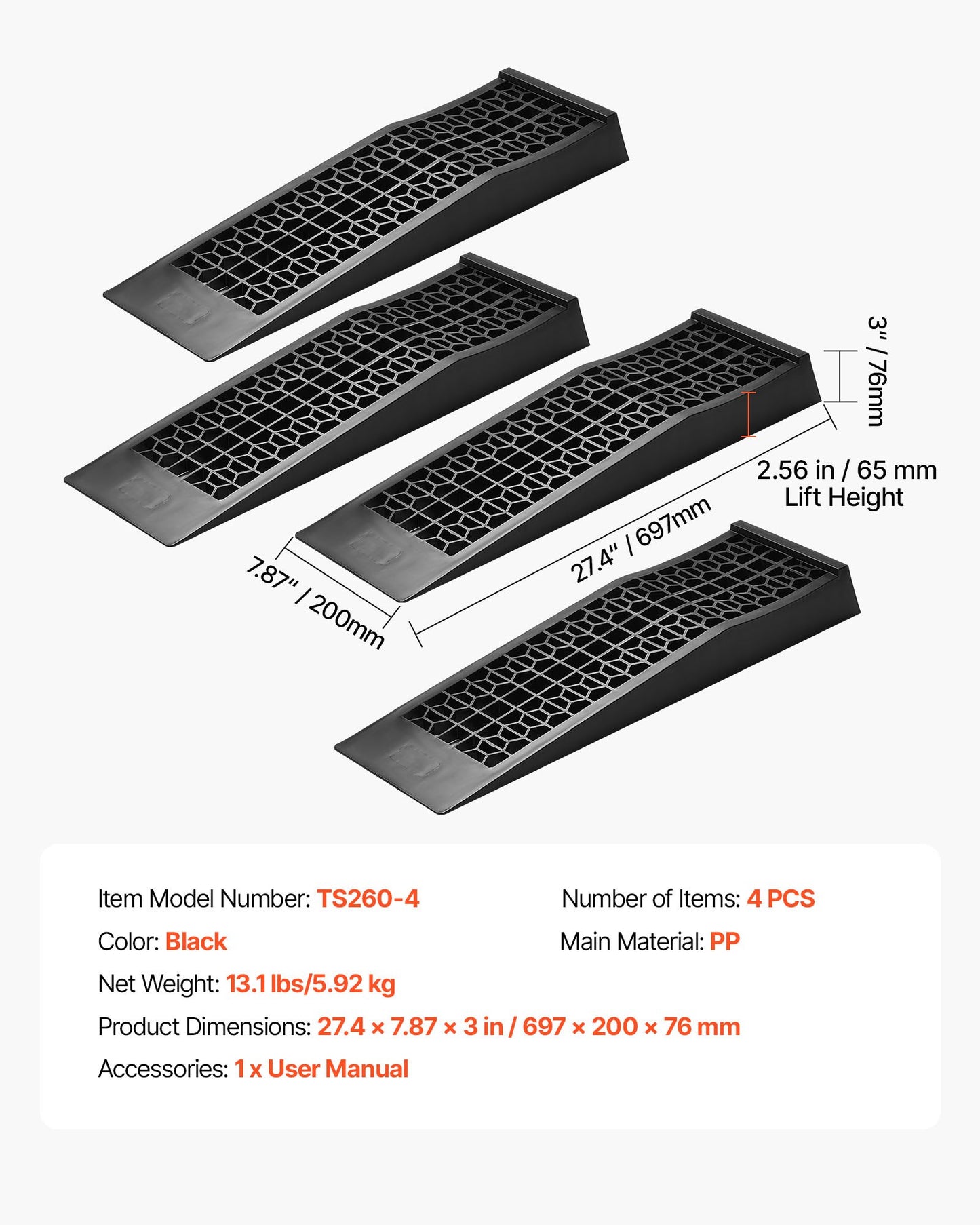 Car Ramps, 4 PCS 9072 kg GVW Capacity, 65 mm Lift Height, Portable Low Profile Car Service Ramps for Home Garage Maintenance & Oil Changes, Heavy Duty for Low Chassis Vehicle & Support Jack