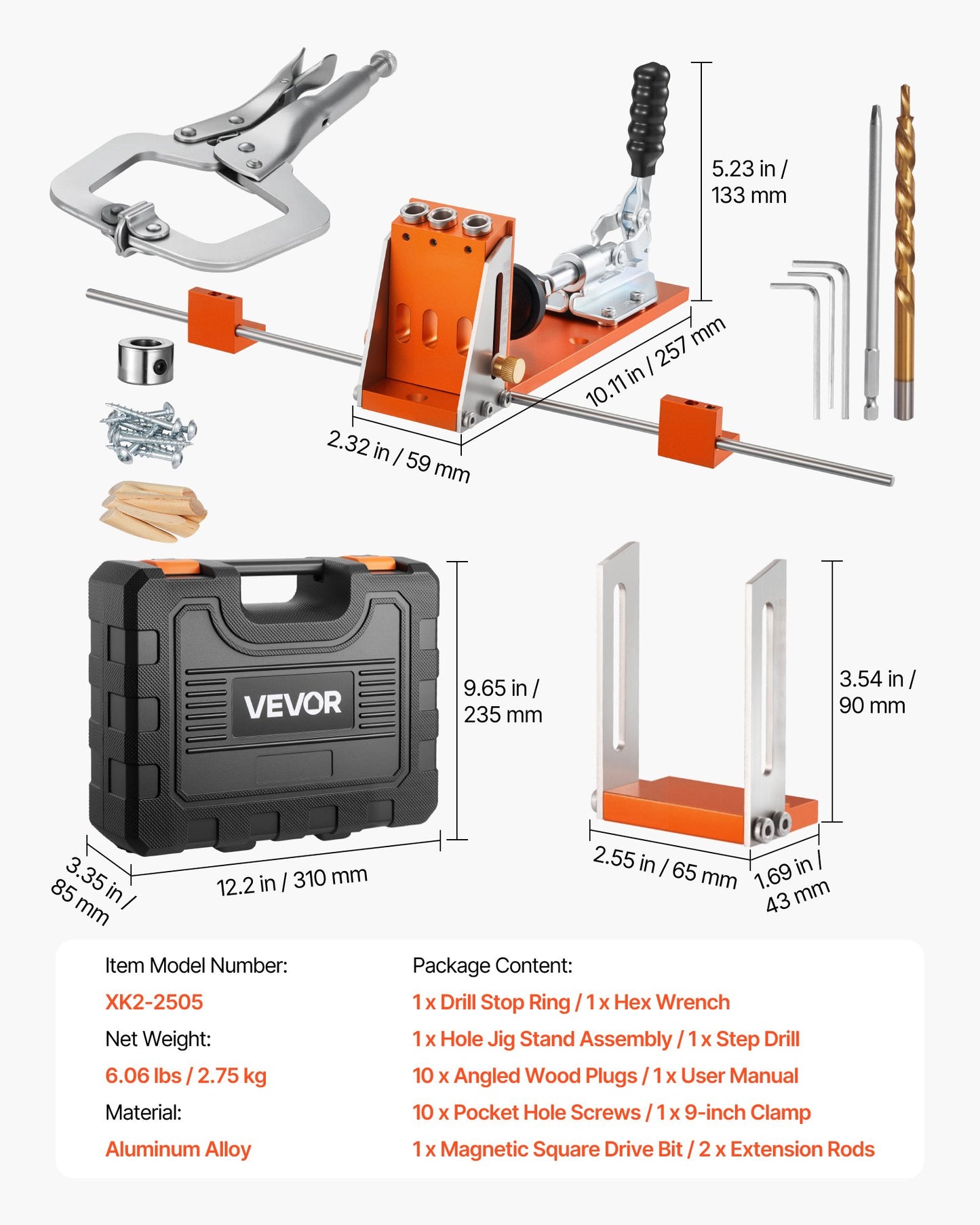Pocket Hole Jig Kit, 12.7 to 38.1 mm Adjustable, Jig Pocket Hole System with Toolcase, C-Clamp, Step Drill, Hex Wrench, Drill Stop Ring, Square Drive Bit, Reinforced Metal Frame, for Woodworking
