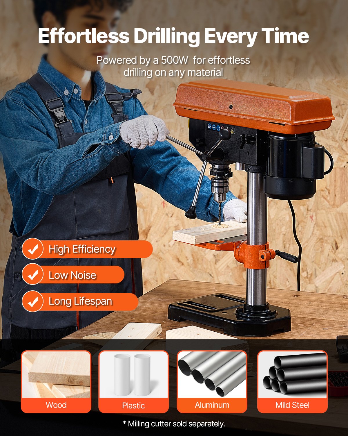203.2mm Benchtop Drill Press, 500W Induction Motor, Tabletop Drilling Machine with 500 / 890 / 1400 / 1900 / 2500 RPM Adjustable Speed, 0-45° Tilting Worktable, LED Work Light, for Wood Metal