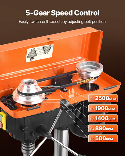 203.2mm Benchtop Drill Press, 500W Induction Motor, Tabletop Drilling Machine with 500 / 890 / 1400 / 1900 / 2500 RPM Adjustable Speed, 0-45° Tilting Worktable, LED Work Light, for Wood Metal