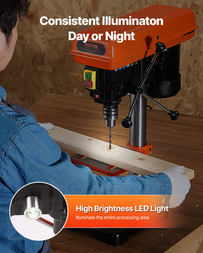 203.2mm Benchtop Drill Press, 500W Induction Motor, Tabletop Drilling Machine with 500 / 890 / 1400 / 1900 / 2500 RPM Adjustable Speed, 0-45° Tilting Worktable, LED Work Light, for Wood Metal